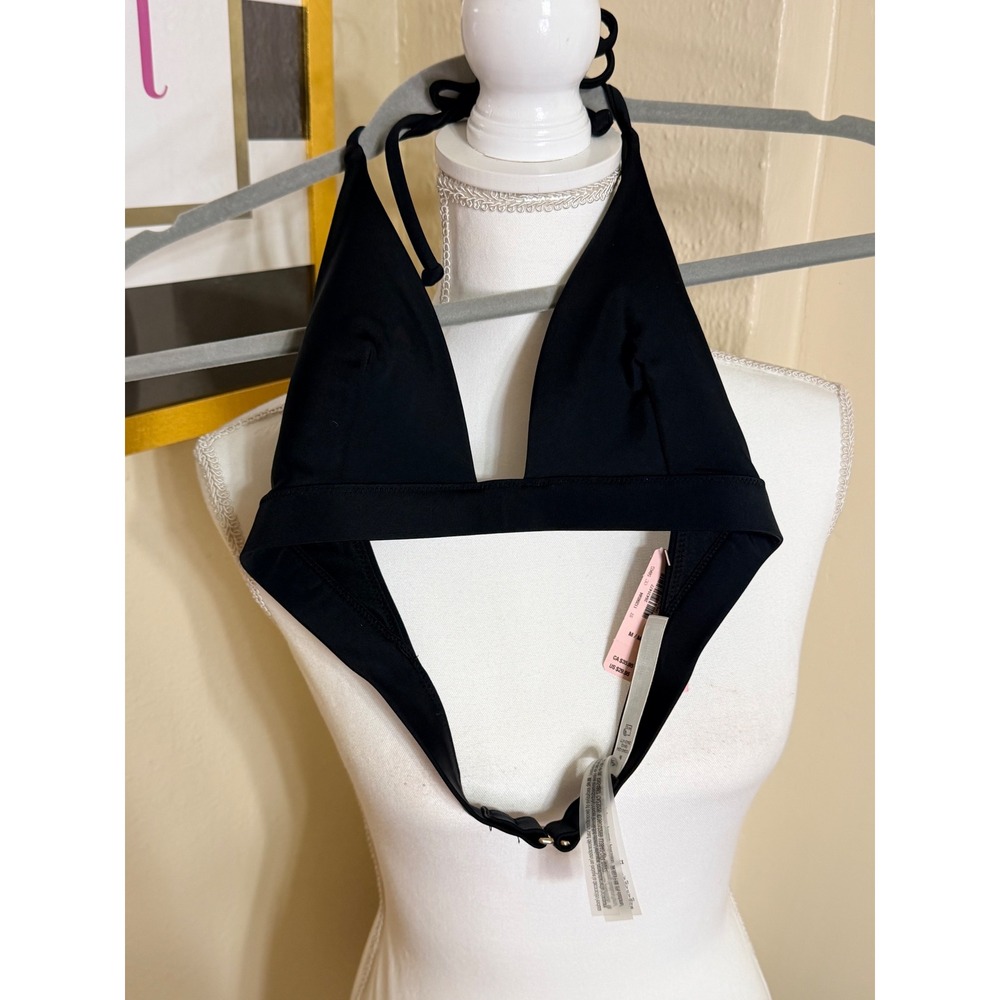 Victorias Secret Black Halter Triangle Bikini Top Gold Clasp M ST 11200584